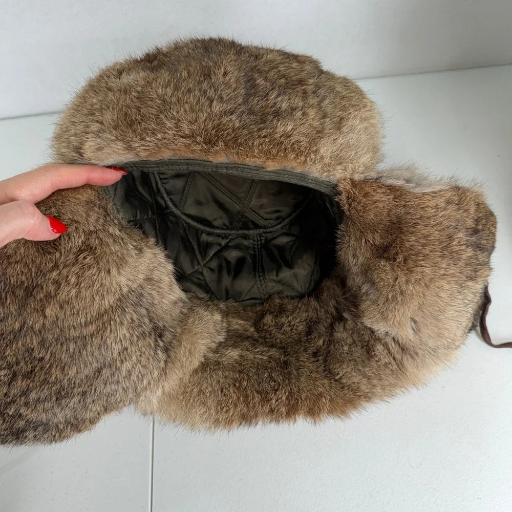 Vintage Trapper Hat Ushanka Real Rabbit Fur Ear Flaps Brown Gorpcore Aviator Hat